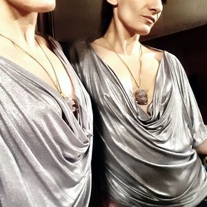 EXPRESS SEXY Metallic Low Cut Silver Club Top